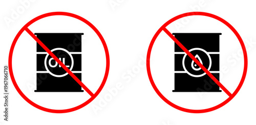 Prohibition signs depicting oil barrels with a drop symbol, representing no oil or hazardous liquid storage, isolated on a transparent background.