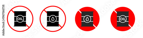Prohibition Sign for Oil barrel icon featuring oil barrels, representing no oil, oil ban, and energy restriction concepts, isolated on a white background.