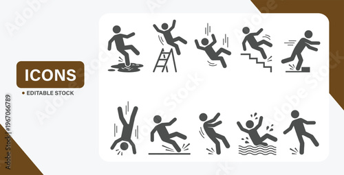 Black falling person icon set showing slip, trip, and fall accident scenarios
