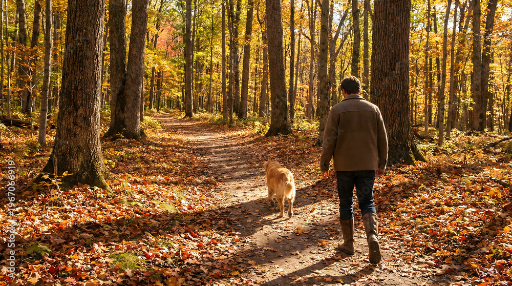 Fototapeta premium Man walking with golden retriever dog along a leaf-strewn forest path in autumn
