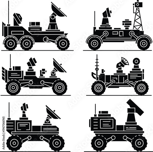 Mars Rover Exploration Vehicle Silhouettes - Set of 6 Planetary Space Mission Vector Icons EPS SVG