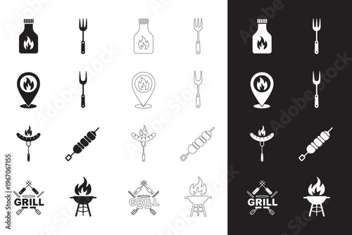 Barbecue Grill Icons Set in Black and White for Restaurant Menu and Branding