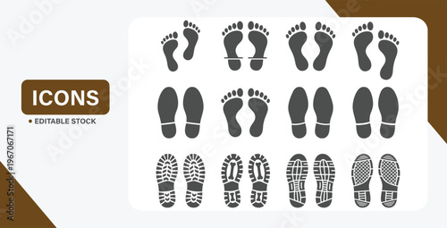 Footprint and walking track icon set with shoe sole and step trail silhouettes