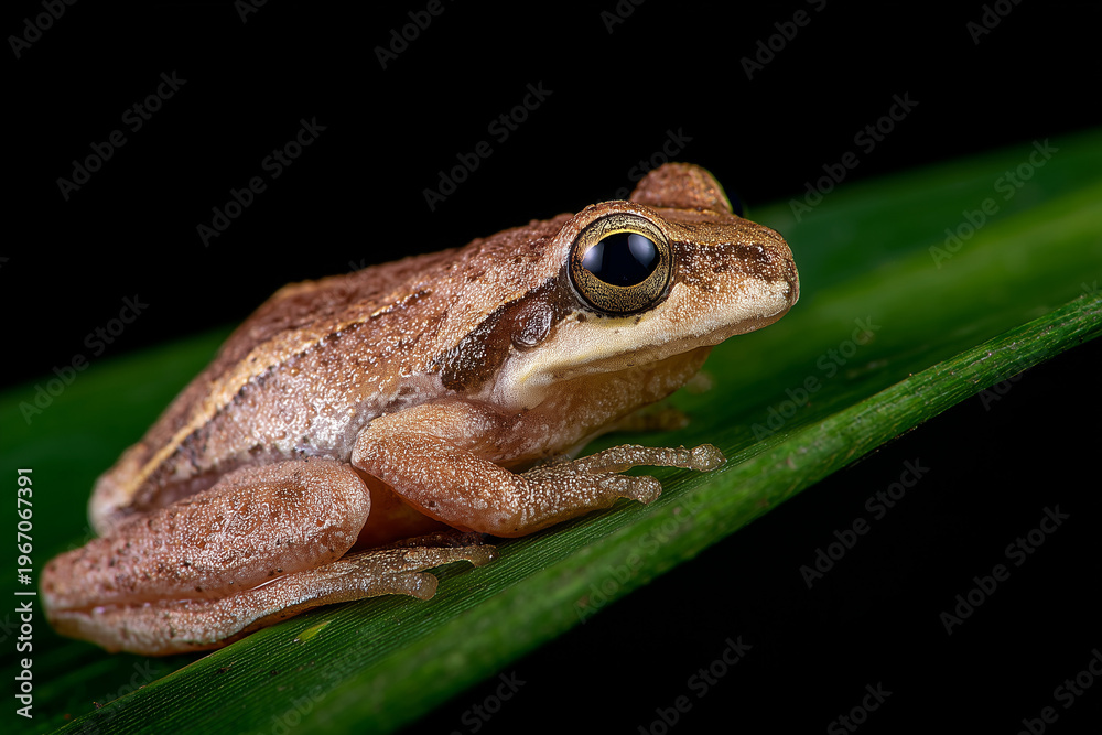 Obraz premium Close-up of a frog sitting on a green leaf, showcasing its detailed skin texture and vibrant colors, highlighting the beauty of nature and wildlife.