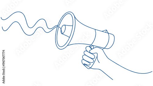 A hand holding a megaphone emitting sound waves in a simple line drawing style