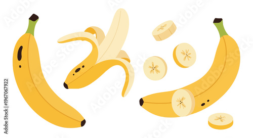 Banana Vector Illustration Set with Whole Fruit, Peeled Banana, and Slices Isolated on White