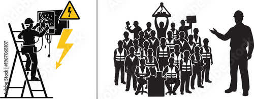 A vector illustration showing a worker on a ladder performing electrical maintenance on the left, and a large group of workers in high-visibility vests being addressed by a supervisor on the right.
