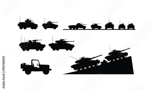 Armored military vehicles and tank silhouette illustration set in vector line art design