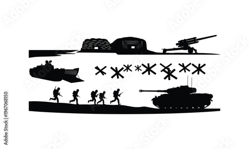 Battlefield elements vector silhouette illustration, military defense line art graphic