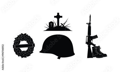 Memorial day military vector illustration soldier tribute with helmet rifle boots and wreath
