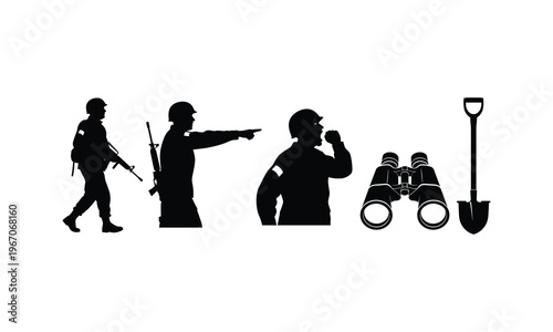 Infantry soldier silhouette vector illustration military equipment binoculars and shovel set
