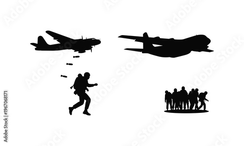 Military aircraft and soldiers vector silhouette illustration, bomber plane and paratroopers