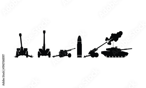Military artillery vector silhouette illustration set, army weapons line art collection