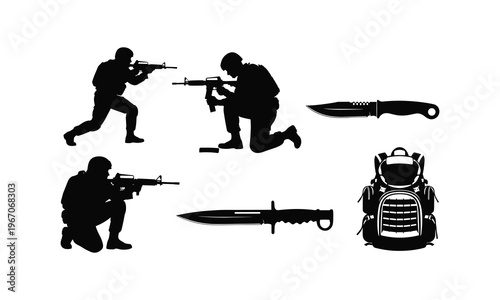 Military soldiers and combat gear vector silhouette illustration, knives and backpack