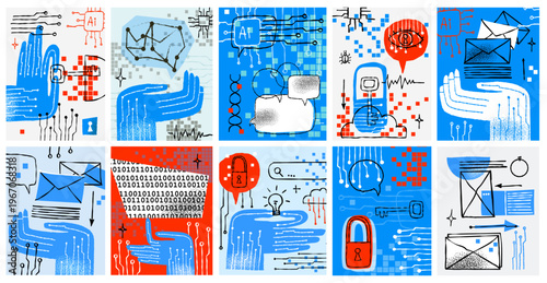 AI and future technology naive digital mind bold vector isolated cute illustrations of a robotic hand circuit board microchip key padlock cloud and email for sticker print and branding