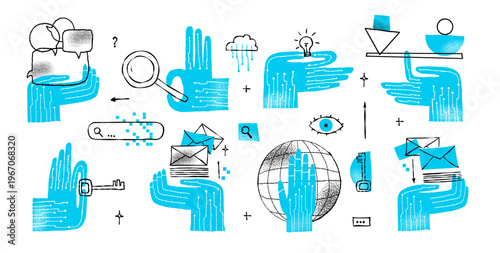 AI and future technology naive digital mind bold vector isolated cute illustrations of a robotic hand circuit board microchip key padlock cloud and email for sticker print and branding