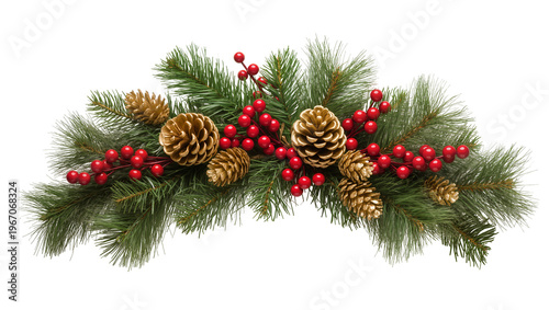 Fotografía Christmas garland with pine cones red berries and pine needles, isolated on tran