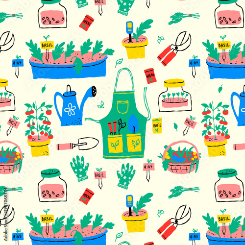 Gardening and home plants naive seamless pattern bold vector isolated cute illustrations of an apron watering can garden tools basil pots and seeds for sticker print and branding