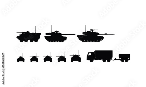 Military vehicles and tanks vector silhouette illustration, army transportation objects