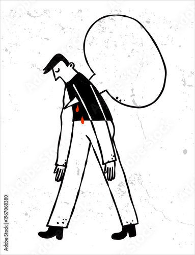 Whimsical hand-drawn naive bold vector doodle illustration featuring the concept of wounding words and emotional pain.