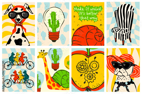 Whimsical hand-drawn vector doodle set featuring surreal animals and abstract concepts. Creative naive art illustrations of weird characters and bizarre objects in a modern retro style.