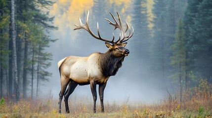 Bull elk with large antlers standing in misty forest during autumn season. Wildlife photography featuring wapiti deer in foggy meadow with golden larch trees. Natural wilderness landscape.