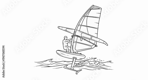 Line drawing of windsurfer on hydrofoil board skimming waves
