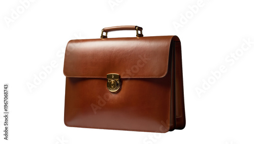 Canvas Print Classic brown leather briefcase with brass clasp, isolated on transparent backgr