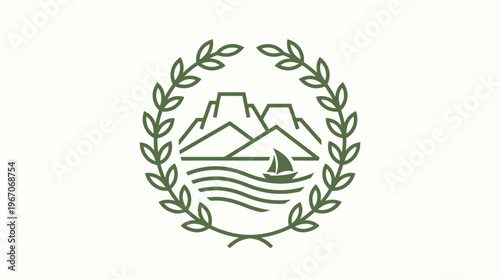 Minimalist Emblem of Mountains Sea and Laurel Wreath
