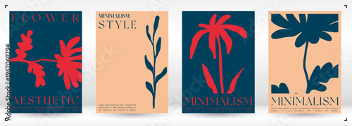 Trendy Groovy Vector Illustration Set in Matisse style. Decorative Modern Flower Poster. Plants, flowers and leaves in hand drawn style.