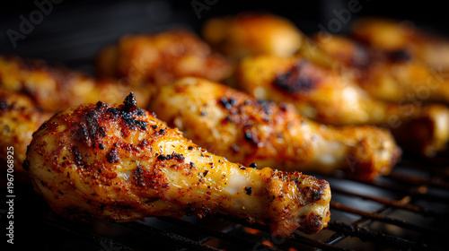 Grilled chicken drumsticks, crispy skin, smoky flavor, barbecue cooking, delicious meal, outdoor dining, summer food, savory spices, close-up view of meat.
