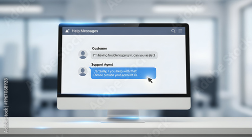 Customer support chat on computer screen, online help messages, customer service interaction