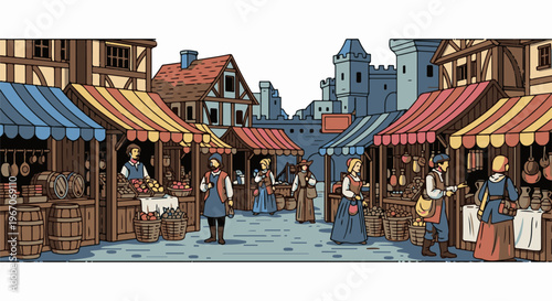 Lively medieval marketplace with stalls, people, and castle in background