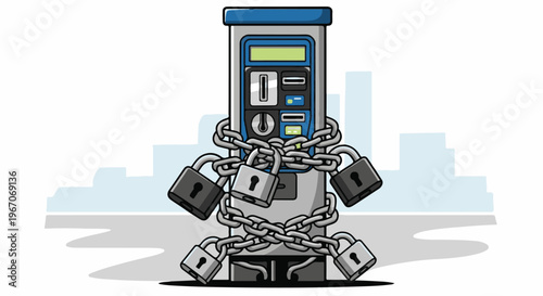 Locked parking meter in front of a simplified cityscape