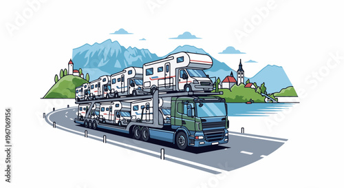 Large transport truck carrying multiple recreational vehicles on scenic road