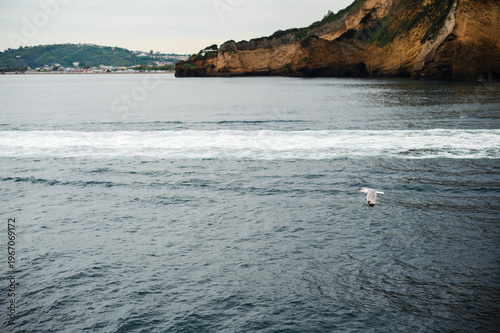 Tableau sur toile Seagull flies over the dark blue sea near a rocky cliff in Italy