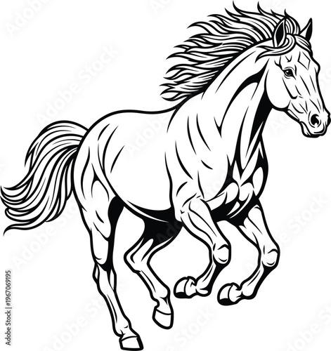 Powerful Galloping Horse Illustration Black and White.
