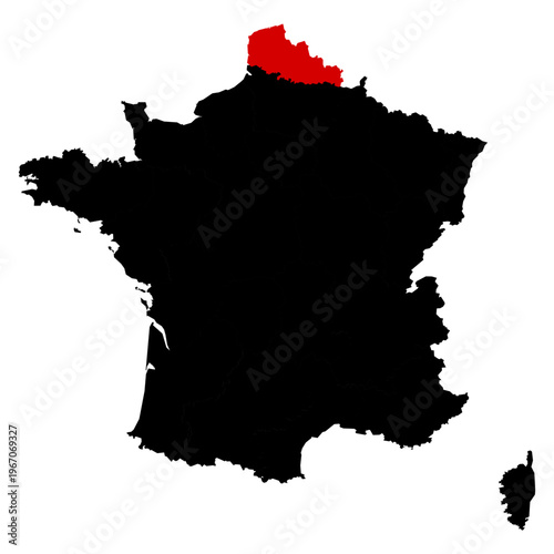 Nord Pas de Calais province highlighted on France map with clear regional boundaries, accurate geographic proportions
