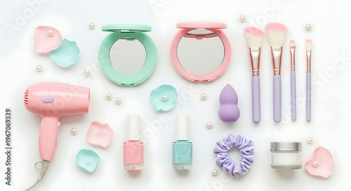 Cute Pastel Makeup and Hair Tools Flat Lay: Dryer, Brushes, Polish, Scrunchie