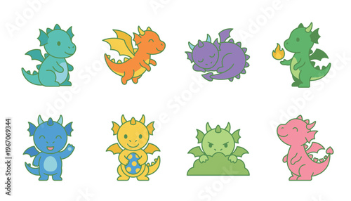 Colorful cartoon dinosaurs in various poses.