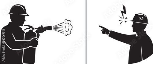 A vector graphic featuring a black silhouette of a worker using a fire extinguisher on the left, and a worker pointing at a flash symbol above a hard hat on the right.