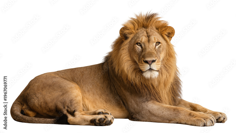 Obraz premium Majestic male lion with thick mane resting, isolated on transparent background