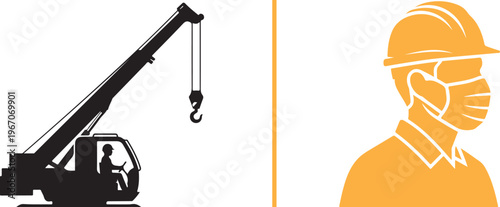 A vector illustration featuring a black silhouette of a crane operator on the left and a yellow silhouette of a worker wearing a protective face mask and hard hat on the right.