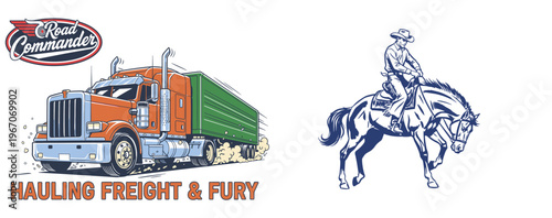 Road commander truck and cowboy design. Retro western horse rider artwork. Hauling freight and fury graphic. Vintage truck design. Western rodeo.