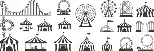 Amusement park and circus silhouettes set with ferris wheel, roller coaster, tents and carnival rides isolated on white background