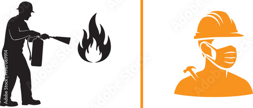 A vector graphic featuring a black silhouette of a worker using a fire extinguisher, and an orange silhouette of a worker wearing a hard hat and a protective face mask.