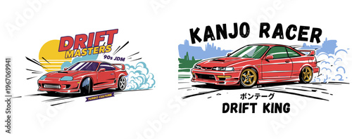 Kanjo racer drift king design. JDM sports car graphic apparel. Turbo culture artwork. Racing speed poster. Drift masters vector.