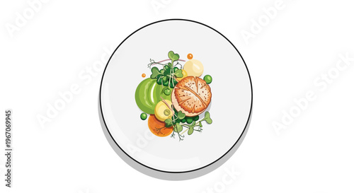 Gourmet Scallop Dish with Fresh Vegetables and Microgreens on White Plate