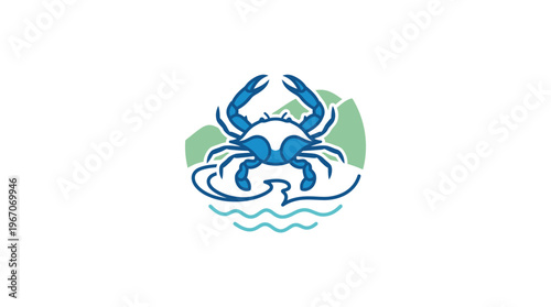 Blue Crab Emblem Over Water and Cliffs