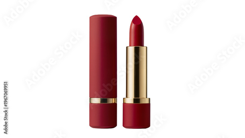 Red lipstick with gold accents and cap, isolated on transparent background